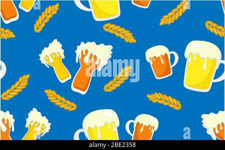 Nahtloser Hintergrund mit Bierglas. Tassen und Gläser zum Toasten mit einem leichten Bier auf hellem Hintergrund. Stock Vektor