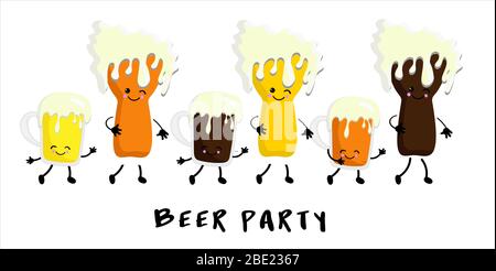 Set von Cartoon Becher Bier Maskottchen auf weißem Hintergrund. Stock Vektor
