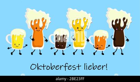 Set von Cartoon Becher Bier Maskottchen auf weißem Hintergrund. Stock Vektor
