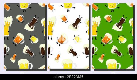 Set aus schönen nahtlosen Mustern für deutsches Bierfest. Weiß, grün und grau Hintergründe mit Bier und Würstchen. Stock Vektor