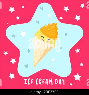 Grußkarte. Happy Sweets Eis-Kegel mit Augen und Lächeln. Stock Vektor