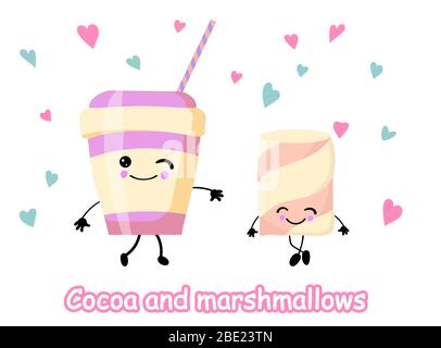 Marshmallow Augen und Lächeln. Tasse Kaffee Becher mit Kakao Getränk. Alles Liebe zum Valentinstag. Lustiges Gesicht. Niedliche Comic-Figur. Seid verliebt. Flaches Design Stock Vektor