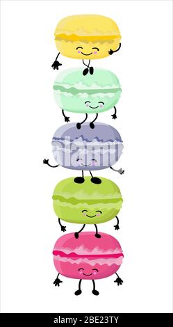 Gelbe, blaue und rosa Nudelkuchen, Dessert französisches Gebäck. Makronen Vektorgrafik isoliert auf weißem Hintergrund. Figuren Aus Süßem Essen. Stock Vektor