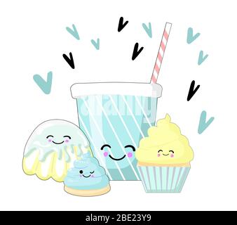 Süßes Dessert. Cartoon Stil Vektor-Symbole. Satz von süßen Geschirr Illustration. Stock Vektor
