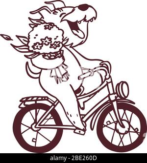 Cartoon skizzieren glücklich Hund auf Fahrrad mit Blumenstrauß. Hand gezeichnet Malseite Illustration. Stock Vektor