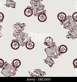 Monochrome nahtlose Muster mit Cartoon Hund auf einem Fahrrad halten Bouquet. Stock Vektor