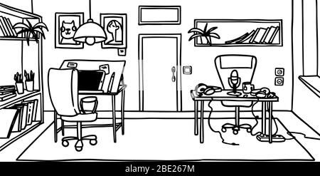 Skizzieren Sie handgezeichnete Illustration eines Cartoon-Studio-Büro mit Illustrator und Voice-Schauspieler Arbeitsplatz. Innenansicht. Stock Vektor