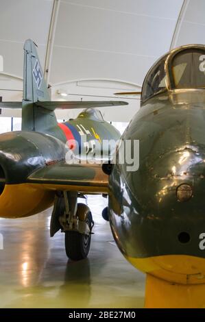 Gloster Meteor und Messerschmitt ME 262 Seite an Seite beim RAF Museum Hendon Stockfoto