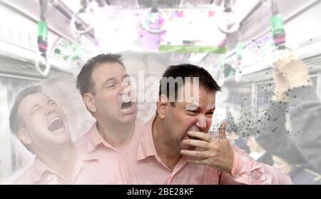 Ein Mann hustet an seine Hand, auf einem Hintergrund ein Wagen des öffentlichen Nahverkehrs. Ein kranker Passagier niest Bazillen und Viren um sich herum. Stockfoto