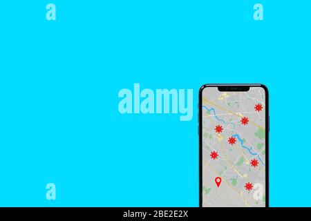 Coronavirus COVID-19 Tracking App mit Datenschutz zeigt Ihren Standort und infizierte Personen auf blauem Hintergrund mit Kopierplatz. Verbreitung von Co. Stoppen Stockfoto