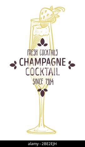 Champagner-Cocktail mit Erdbeerbeere, Etikett Skizze serviert Stock Vektor