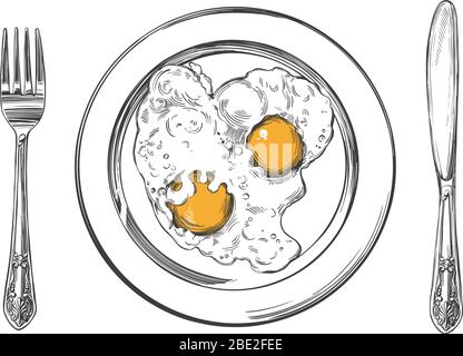 Frühstück, Eier auf einem Teller, Messer und Gabel, handgezeichnete Vektor-Illustration realistische Skizze Stock Vektor