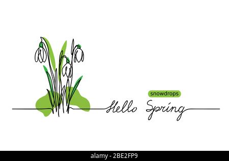 Schneeglöckchen Vektorskizze und Schriftzug Hello Spring. Erste Blumen eine durchgehende Strichzeichnung. Hallo Frühling handgeschriebener Grußtext Stock Vektor