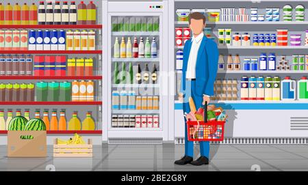 Supermarkt Shop Innenraum mit Waren. Großes Einkaufszentrum. Innen lagern. Kunde mit Korb voller Lebensmittel. Lebensmittel, Getränke, Obst, Milchprodukte. Vektorgrafik im flachen Stil Stock Vektor
