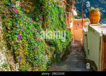 Typische enge Straße und bunte Häuser in der Stadt Positano Stockfoto