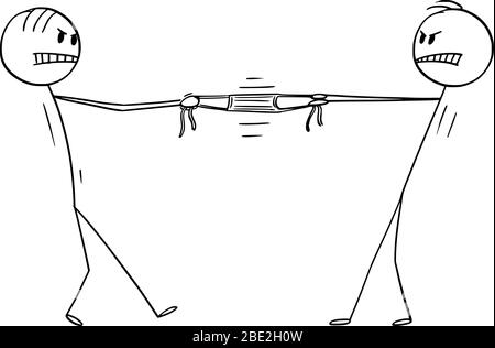 Vektor Cartoon Stick Figur Zeichnung konzeptionelle Illustration von zwei Männern kämpfen für chirurgische Gesichtsmaske, Mangel an Schutzmasken auf dem Markt während Coronavirus COVID-19 Epidemie. Stock Vektor