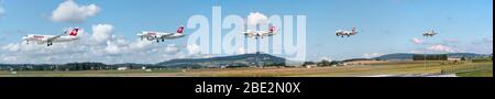 Swiss International Airlines Flugzeug landet am ZRH Panorama Edit Stockfoto