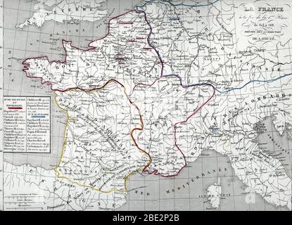 Carte historique de la France et des differents royaume frances de 613 a 768, fin du regne des merovingiens (Karte des fränkischen Königreichs von 613 bis 7 Stockfoto