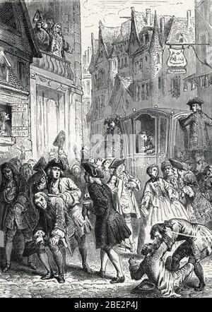 Systeme economique : la bulle speculative a l'epoque du systeme de Law, les agioteurs de la rue Quincampoix - Sous Louis XV, certains courtiers s'etab Stockfoto