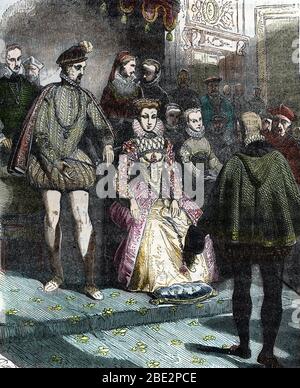 La reine Catherine de Medicis (1519-1589), le roi Henri II (1519-1559) et sa cour entre 1547 et 1559 (König Heinrich II und Königin Katharina von Medicis und Stockfoto