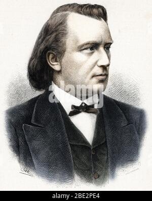 Portrait de Johannes Brahms (1833-1897), Compositeur, Pianistin und Chefkoch d'orchestre allemand (Portrait of Johannes Brahms) Gravur des 19. Jahrhunderts Priva Stockfoto
