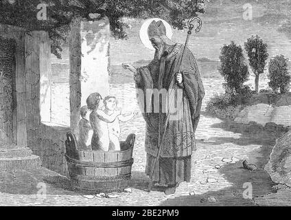 Repräsentation von Saint Nicolas de Myre ou de Bari (270-345) (Nikolaus von Myra) resuscitant les trois enfants Gravur 19. Jahrhundert Private collecti Stockfoto