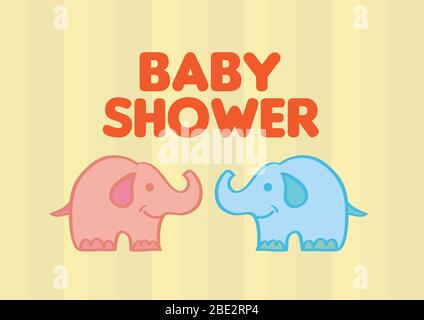 Vektor-Illustration von niedlichen rosa und blau lächelnden Baby Elefanten isoliert auf gelb gestreiften Hintergrund mit Text Baby Dusche Stock Vektor