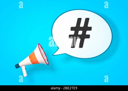Ein Megaphon mit einer Sprechblase und dem Message Hashtag Stockfoto