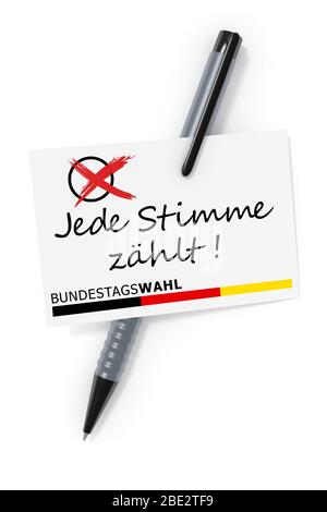 3d-Rendering einer Visitenkarte und eines Kugelschreibers sowie des Textes Bundestagswahlen jede Stimme zählt in deutscher Sprache Stockfoto