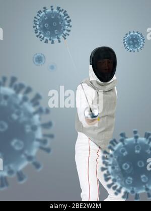 Junge asiatische Fechter und 3D Coronavirus Konzept für die Bekämpfung von Covid-19 Stockfoto