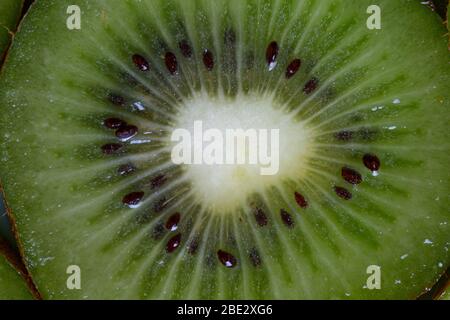 Ein fantastisches Stillleben Studio Detail Nahaufnahme Foto von einem frischen leckeren geschnittenen Kiwi Obst, topview Stockfoto