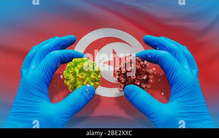 Medizinisches Virus-molekulares Konzept mit Flagge von Tunesien. 3D-Darstellung. Stockfoto