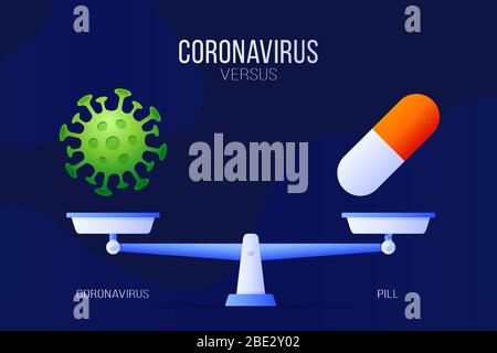 Vektorgrafik Coronavirus oder medizinische Pille. Kreatives Konzept von Skalen und versus, auf der einen Seite der Skala liegt ein Virus Covid-19 und auf der anderen Stock Vektor