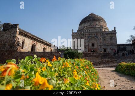 Neu Delhi, Indien - 17. März 2020: Alte Bara Gumbad Grab Lodi Gärten Neu Delhi Indien, mit Blumen im Vordergrund Stockfoto