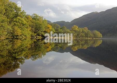 Ben Lomond Bergkette spiegelt sich in Loch Chon, Trossachs National Park, Schottland Stockfoto