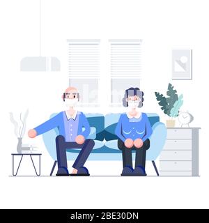 Speichern ältere Eltern zu Hause bleiben Quarantäne Konzept. Soziale Distanz in der Familie. Ausbruch des Covid-19-Coronavirus. Alte Menschen, die Masken tragen, halten Traveli auf Stock Vektor