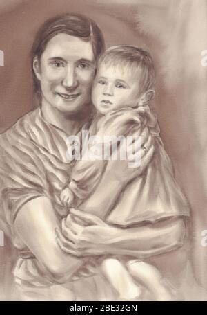 Mutter mit einem Baby in Sepia Aquarell gemalt Stockfoto