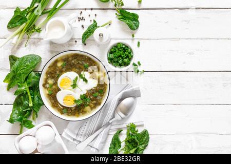Grüne Sauerampfer- und Spinatsuppe mit gekochtem Ei und saurer Sahne auf weißem rustikalem Holztisch, Draufsicht Stockfoto