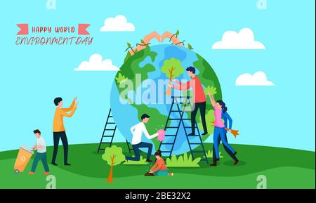 Mädchen und Jungen Pflanzen Bäume, um die Umwelt der Erde zu retten Stock Vektor