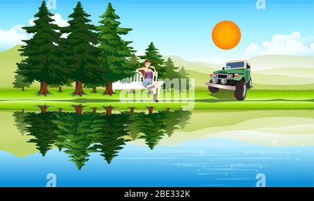 Mädchen ist in einem Park mit einem Auto in der Nähe geparkt entspannen Stock Vektor