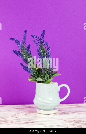 Lavendelblüten in einer Tasse auf einem Marmortisch und lila Hintergrund Stockfoto