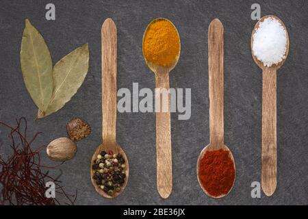 Vier Holzlöffel mit farbigem Pfeffer, gemahlener Kurkuma, Rosenpaprika und grobem Salz mit Lorbeerblatt, Muskatnuss und Chili auf einem dunklen Schieferteller Stockfoto