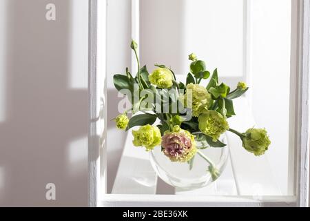 Bouquet von grünen und rosa Terry Lisianthus und Eukalyptus Zweige in einer transparenten runden Vase auf weißem Hintergrund. Brautstrauß Stockfoto