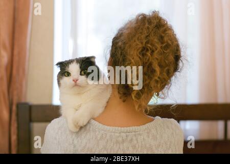 Mädchen, das eine Katze auf der Schulter hält Stockfoto