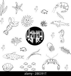 Sea Life Creatures Kollektion. Vektor Ozean Kreaturen auf weißem Hintergrund isoliert. Malbuch Seite, Aufkleber. Art Element für Design. Stock Vektor