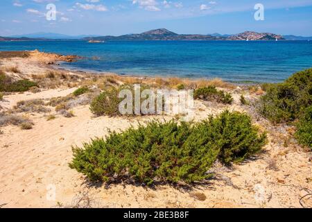 Panoramablick auf die Halbinsel Spalmatore di Terra von Marine Naturschutzgebiet mit Meeresfelsen der Insel Isola Tavolara auf Tyrrhenisches Meer Stockfoto