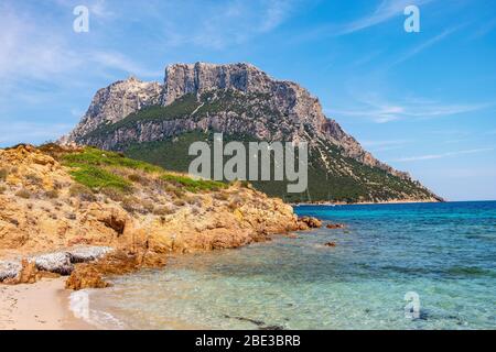 Panoramablick auf die Klippen und Hänge des Hauptkalkmassiv, Monte Cannone Gipfel, der Insel Isola Tavolara auf Tyrrhenischen Meer vor der Küste Sardiniens Stockfoto