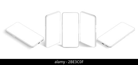 Isometrisches weißes Smartphone-Modell. Mobile App Präsentationsvorlage, Smartphone Bildschirm und moderne Handy-Perspektive sehen realistische 3D-Vektor Stock Vektor