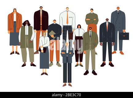 Business People Team. Professionelle Mitarbeiter Personengruppe, Büroangestellte und Teamarbeit flache Vektorgrafik. Karikatur von multinationalen Kollegen Stock Vektor