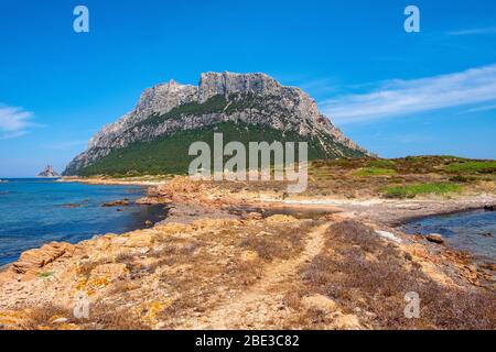 Panoramablick auf die Klippen und Hänge des Hauptkalkmassiv, Monte Cannone Gipfel, der Insel Isola Tavolara auf Tyrrhenischen Meer vor der Küste Sardiniens Stockfoto